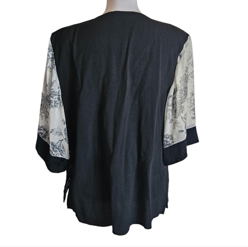 Vintage Spencer Alexis Black White Floral Lace Mixed Media Kimono Jacket Size XL - Picture 7 of 16